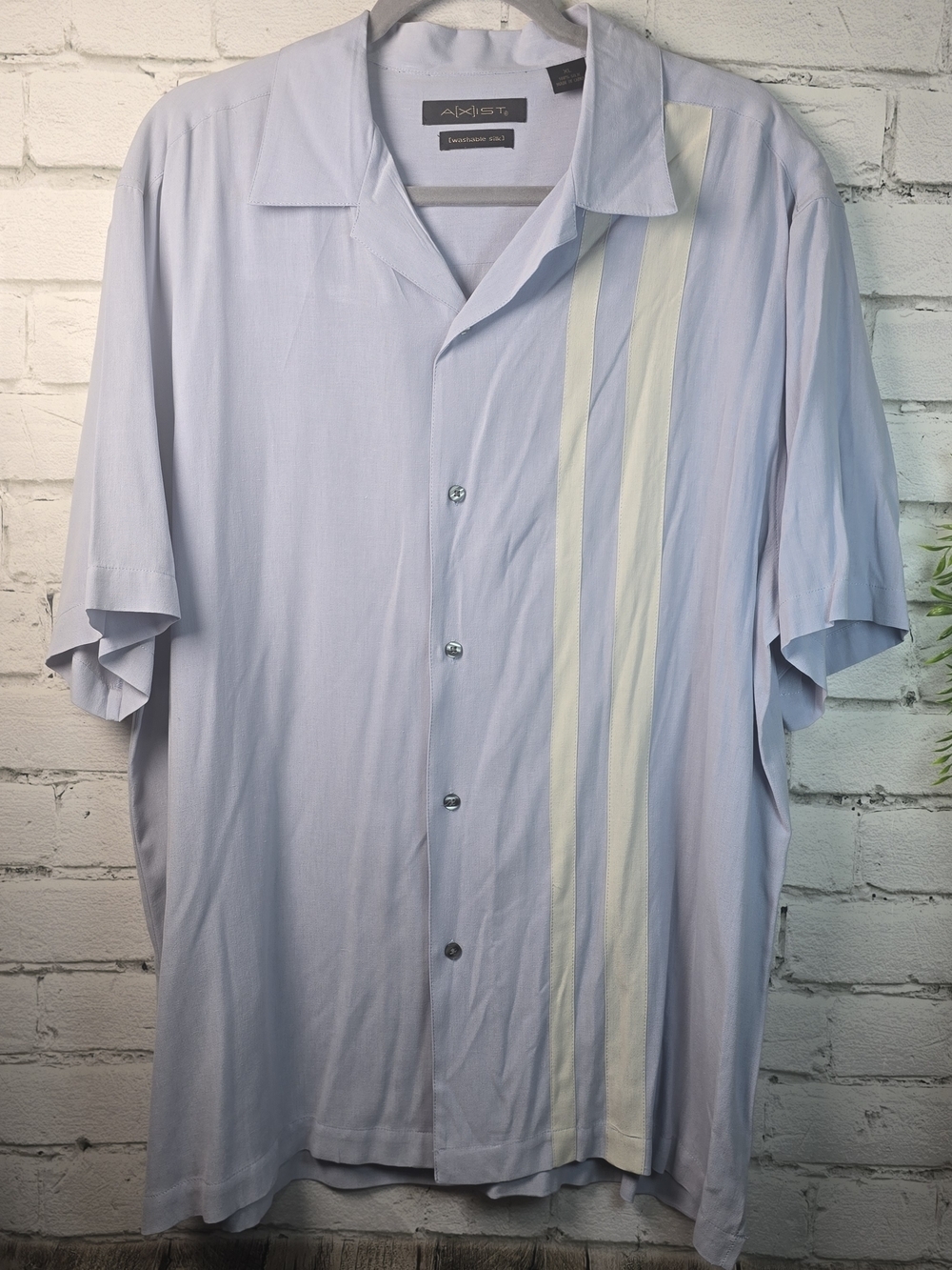 AXIST 100% SILK BUTTON DOWN SHORT SLEEVE LIGHT BLUE CREAM STRIPES CASUAL MENS XL